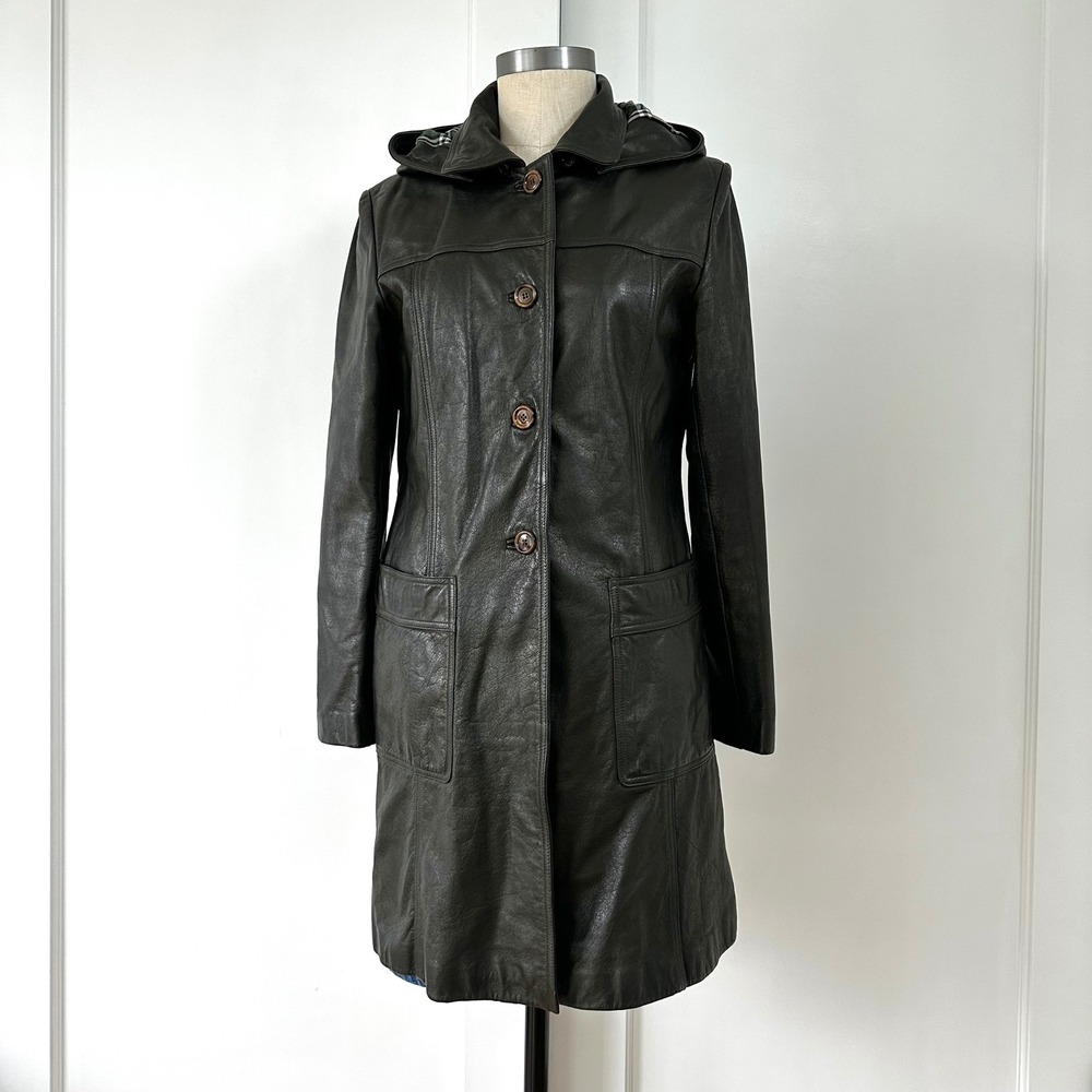 Vintage Y2K Hence Black Leather Hooded Coat Plaid Lined Fitted XS S